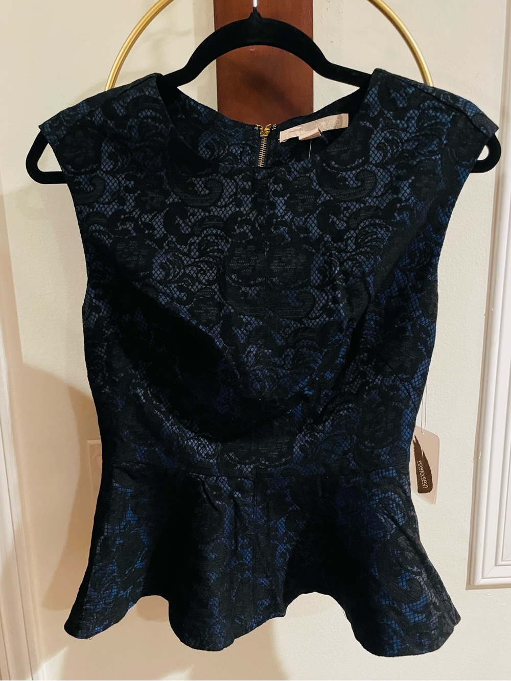 Forever 21 Black & Navy Lace Peplum Blouse